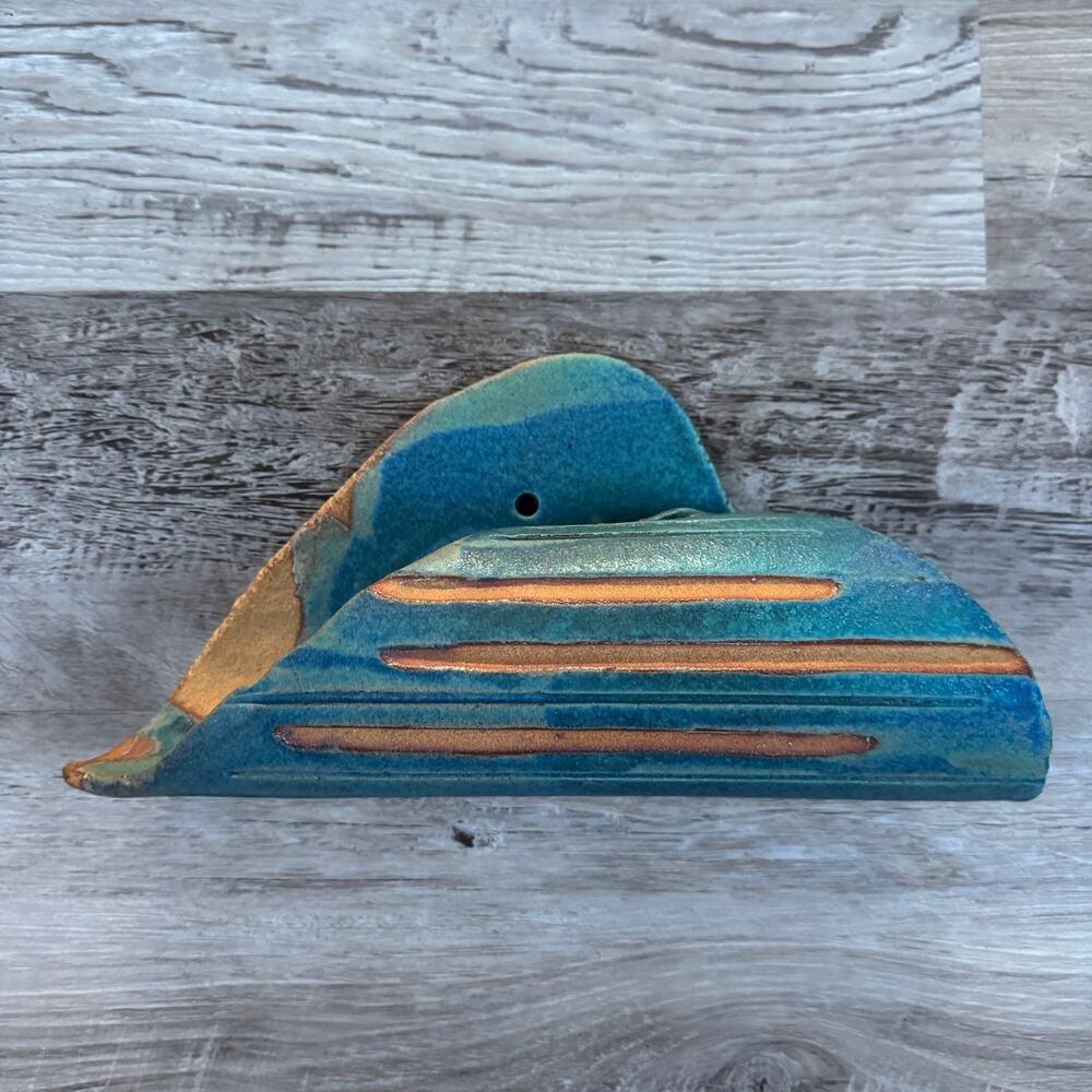 Handmade Studio Pottery Turquoise Wall Pocket Vase Organic Modern Coastal Decor